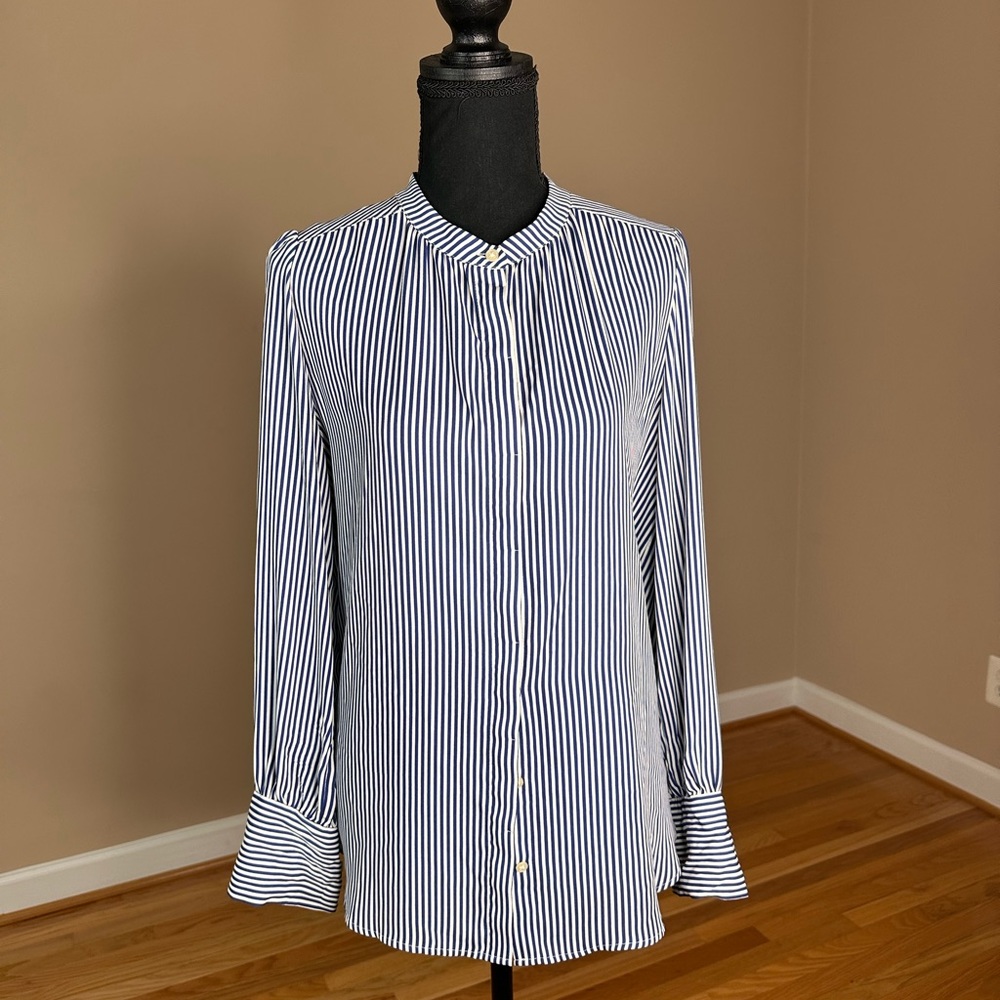 Loft Blue and White high Mandarin Collar Blouse